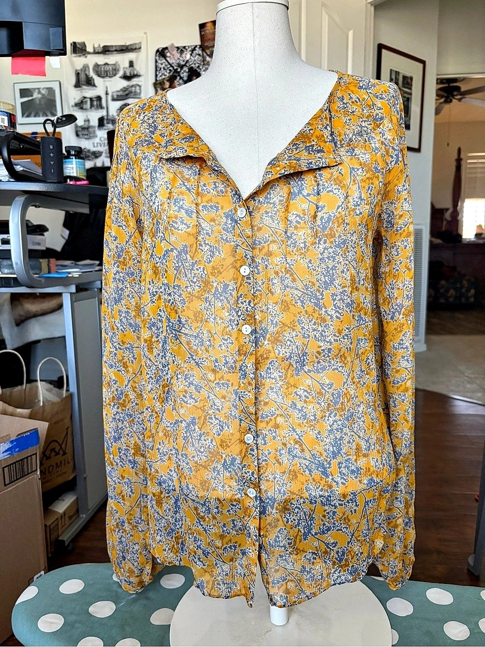 Sundance Boho Floral Button Down Shirt Orange & Blue Size Medium Like New
